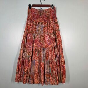 Lauren Ralph Lauren Womens XS Paisley Smocked Waist Tiered Cotton Maxi Skirt